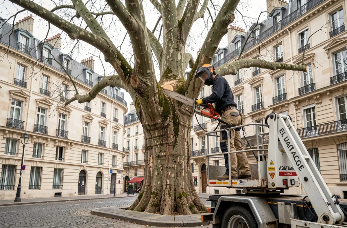 Un élagueur d'Abattage Elagage Service taillant un grand platane parisien depuis une nacelle élévatrice
