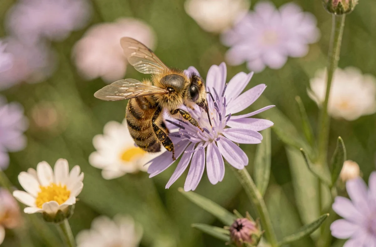 Abeille couverte de pollen se posant sur une fleurette violette dans un jardin naturel