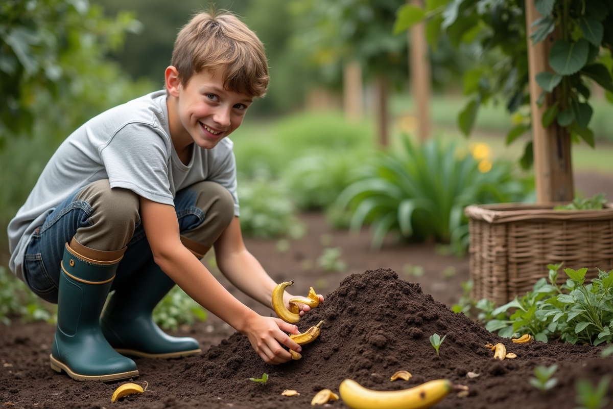 Adolescent ajoutant peaux de banane dans un composteur dans le jardin