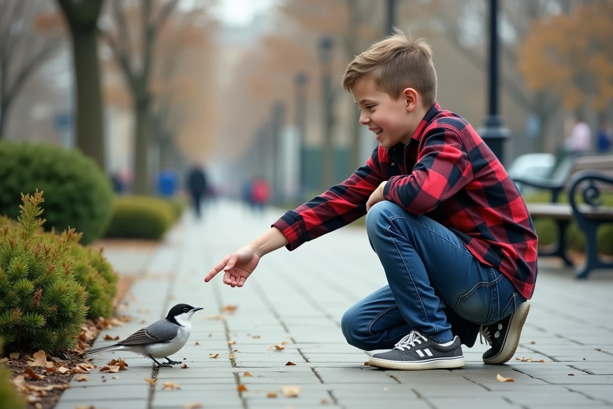 Adolescent pointant un oiseau dans un parc urbain