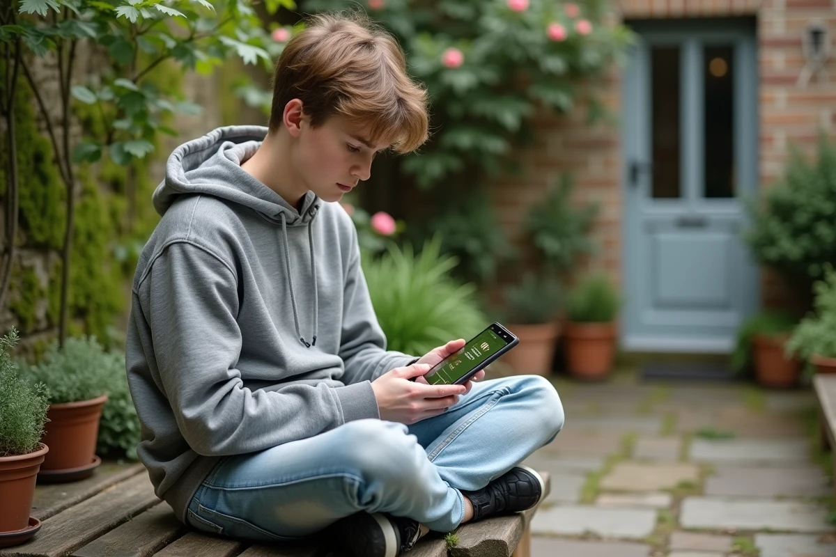 Un adolescent consulte les résultats de PlantNet sur Android assis dans un jardin terrasse