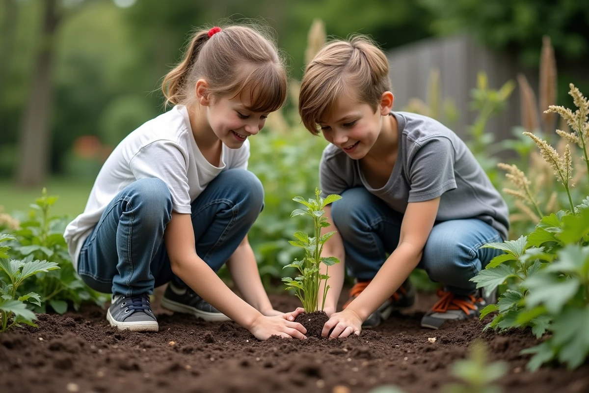 Jeunes plantant des jeunes plants dans le jardin