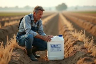 Agriculteur examinant un bidon d'AdBlue posé sur un sol agricole fissuré entre des rangées de mauvaises herbes desséchées