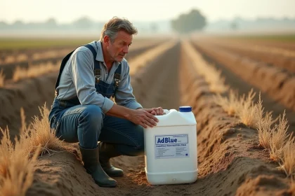 Agriculteur examinant un bidon d'AdBlue posé sur un sol agricole fissuré entre des rangées de mauvaises herbes desséchées