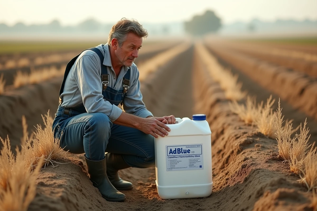 Agriculteur examinant un bidon d'AdBlue posé sur un sol agricole fissuré entre des rangées de mauvaises herbes desséchées