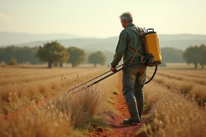 Agriculteur portugais appliquant du glyphosate 360 avec un pulvérisateur à dos sur un champ envahi de mauvaises herbes en zone rurale