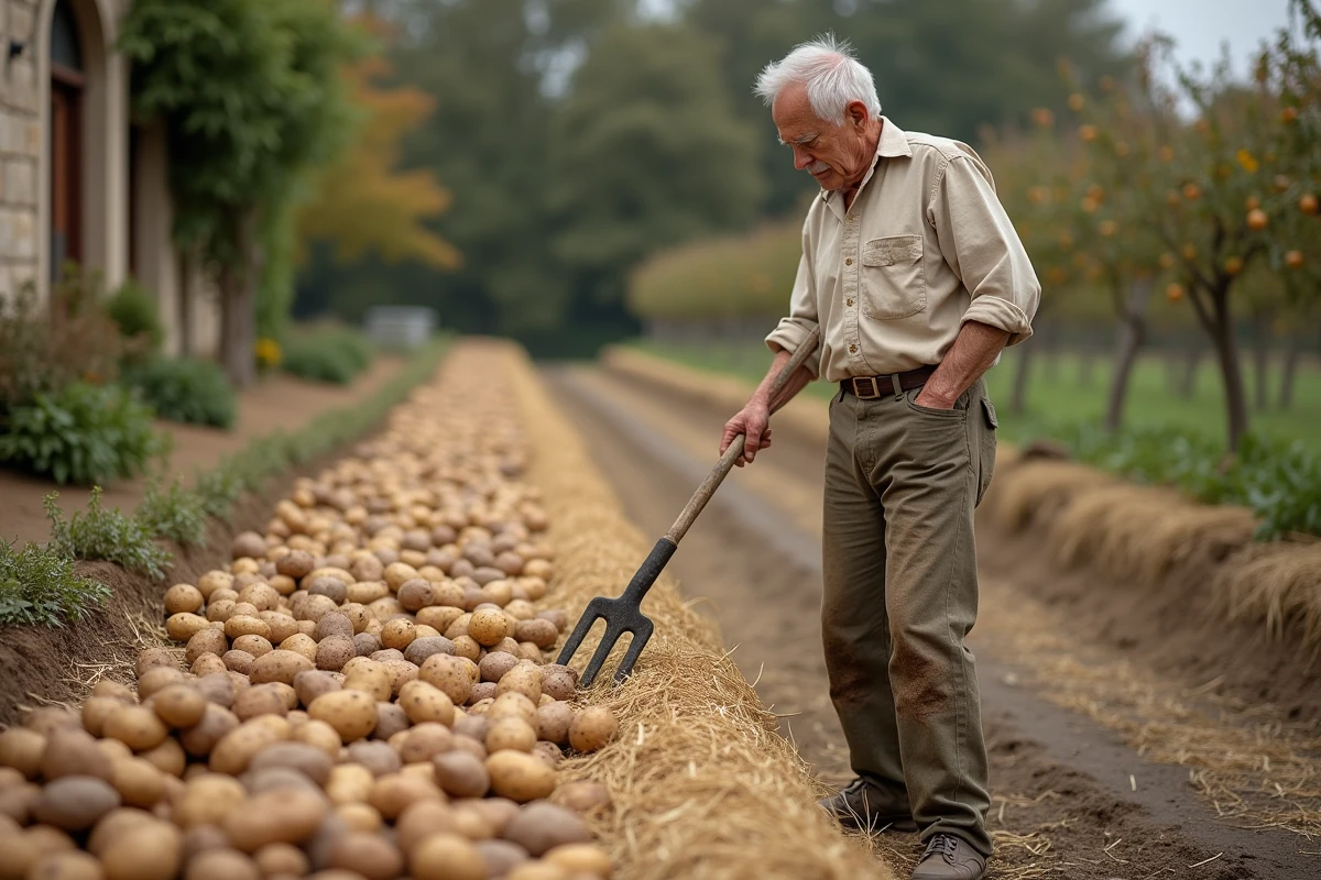 Agriculteur âgé debout dans un potager rural après la récolte de pommes de terre sous paillage en automne