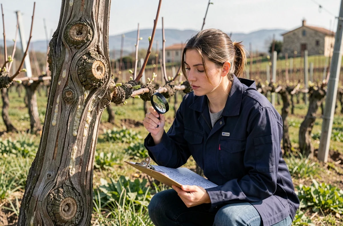 Agronome analysant des symptômes de maladies du bois sur un cep de vigne au printemps pour évaluer les risques de dépérissement