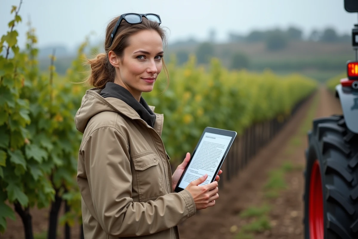 Agronome consultant un texte réglementaire sur tablette devant un pulvérisateur agricole dans un vignoble, contexte désherbage AdBlue