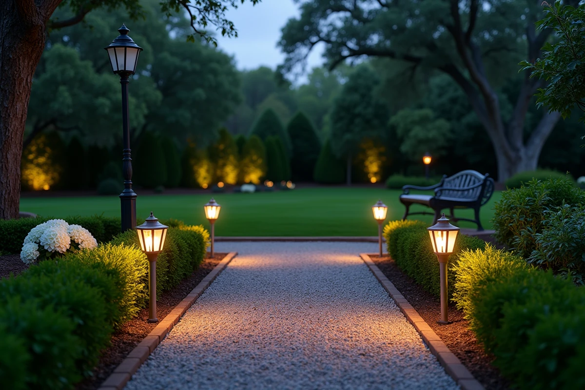 Vue grand angle d'un jardin résidentiel aménagé avec différents types de luminaires extérieurs au crépuscule