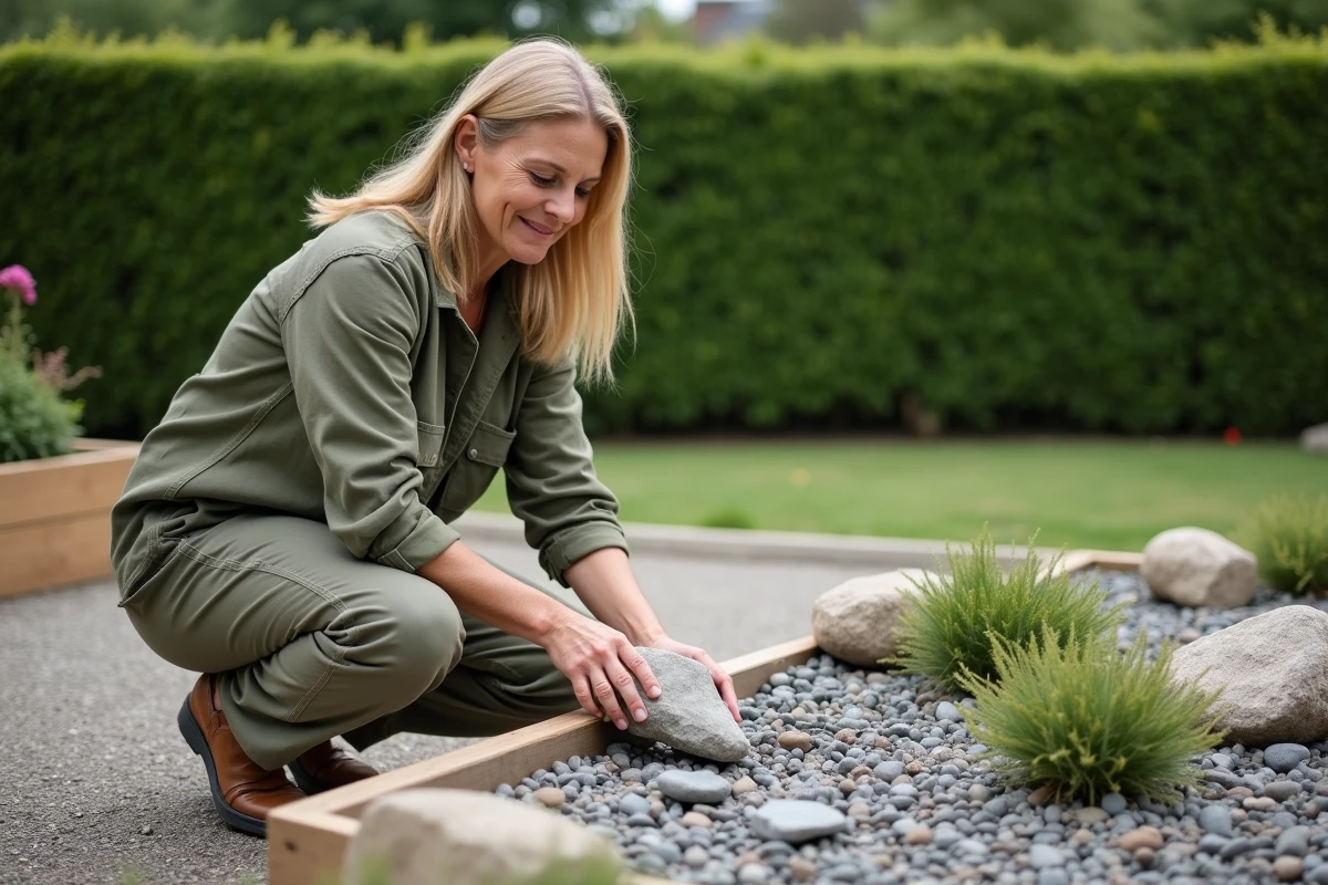 Jardinière expérimentée aménageant une rocaille avec pierres de schiste et gravier gris dans un jardin de banlieue