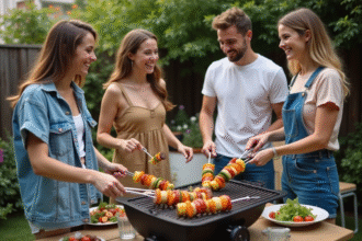 Groupe d'amis riant autour d'un barbecue en jardin urbain