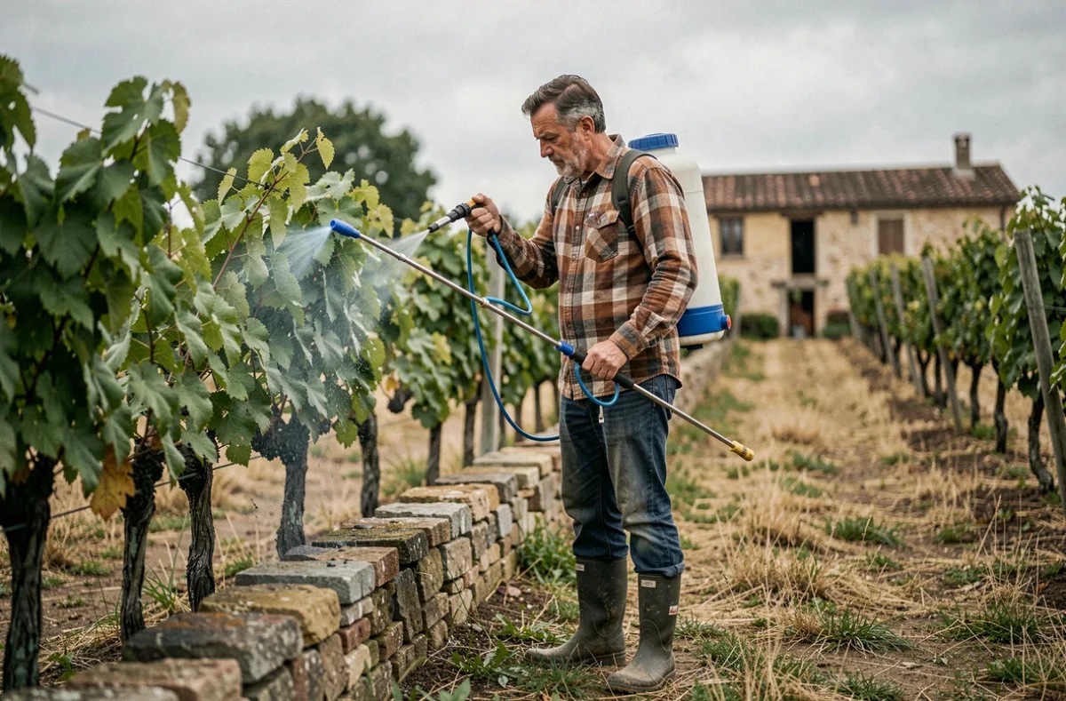 Viticulteur amateur appliquant de la bouillie bordelaise sur des pieds de vigne au jardin