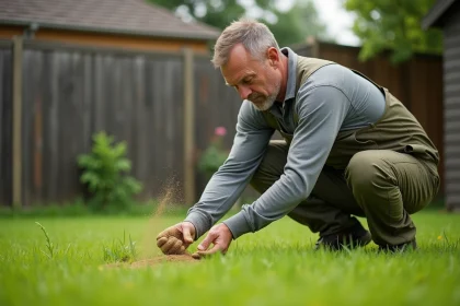 Homme appliquant un désherbant sélectif en granulés sur une pelouse verte dans un jardin résidentiel