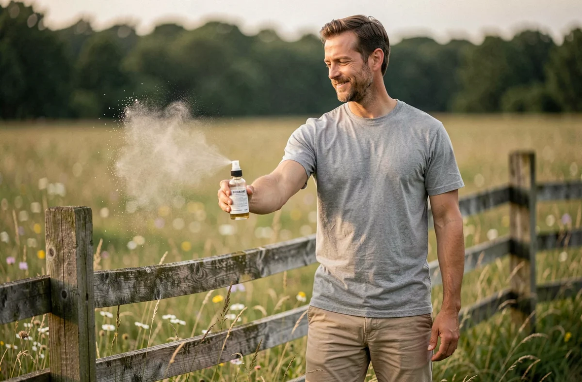 Homme appliquant un répulsif anti-taon fait maison en spray sur son bras à l'extérieur en bordure de prairie lors d'une journée d'été à la campagne