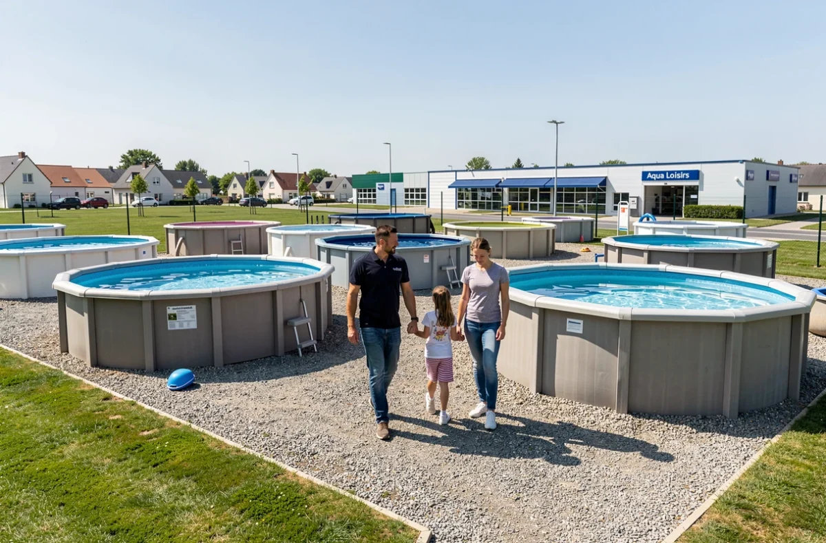 Espace de démonstration Aqua Loisirs Piscines à Bouguenais avec modèles exposés en extérieur