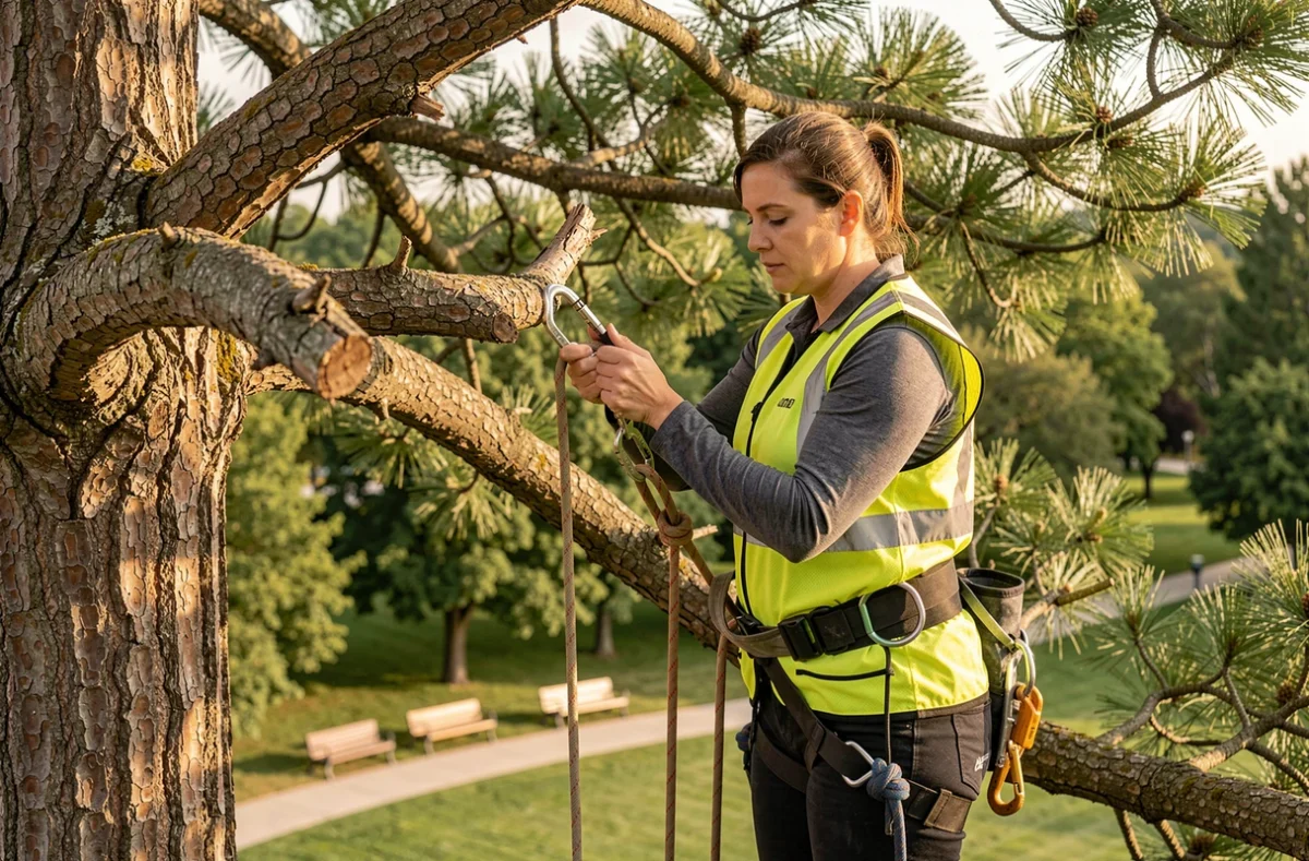 Arboriste femme utilisant un mousqueton de renvoi lors d'une montée en pin dans un parc urbain