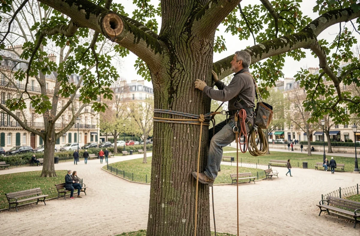 Un arboriste certifié d'Arbr'O'Parc travaillant en hauteur sur un chêne dans un parc parisien