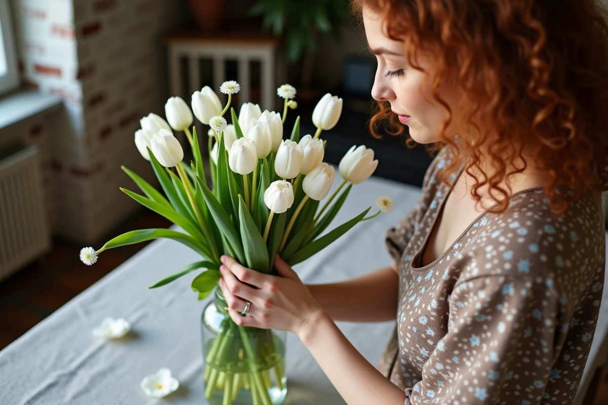 Jeune femme arrangeant des tulipes blanches dans un vase sur une table rustique, évoquant la pureté et la signification des fleurs blanches à offrir
