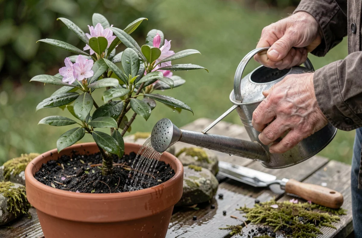 Arrosage d'un rhododendron en pot avec un arrosoir à pomme fine sur une table de jardinage en bois