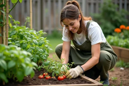 Femme jardinière plantant des tomates et du basilic en association dans un potager surélevé avec des parterres bien entretenus