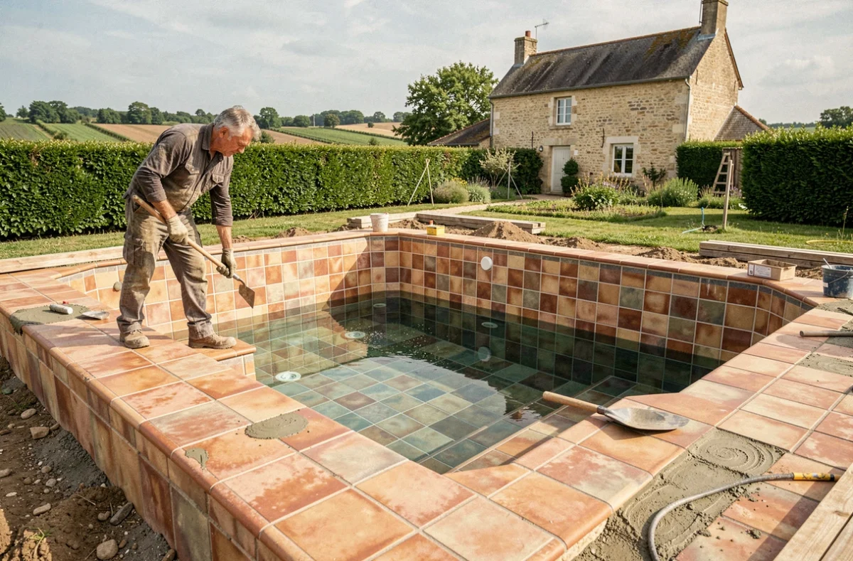 Pisciniste Atlantic Piscines finissant le carrelage d'une piscine enterrée dans un jardin rural à Châteaubriant