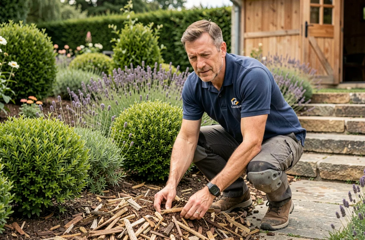 Professionnel d'Au Service du Paysage paillant des arbustes ornementaux dans un jardin en Corrèze