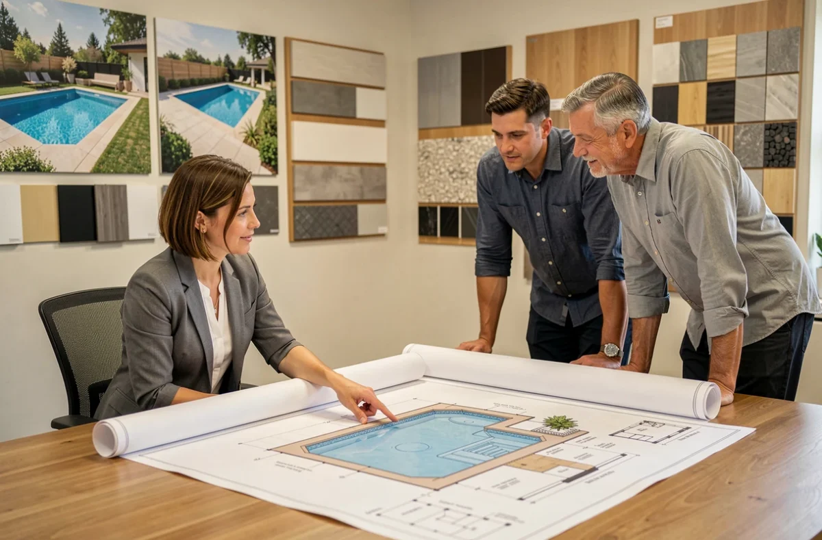 Conceptrice BAKTAY présentant un plan de piscine sur mesure à des clients dans un bureau de design