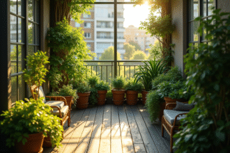 Balcon urbain ensoleille avec vegetation luxuriante