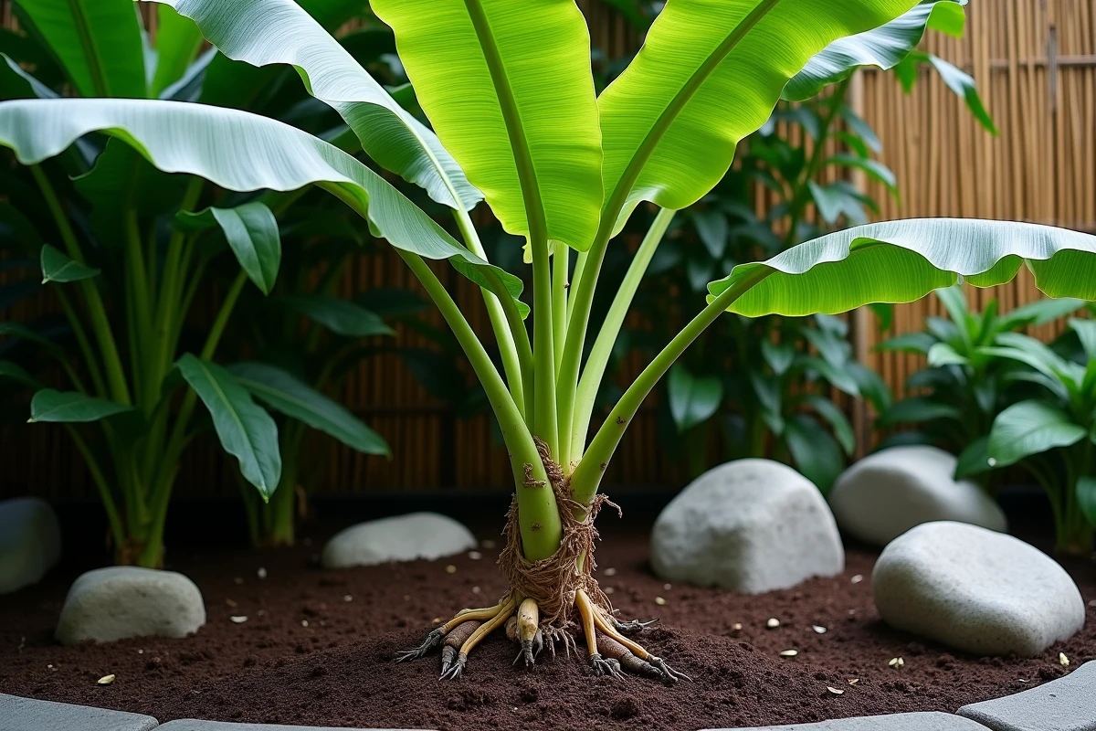 Bananier adulte en jardin tropical avec rejets naturels émergeant à la base du tronc fibreux