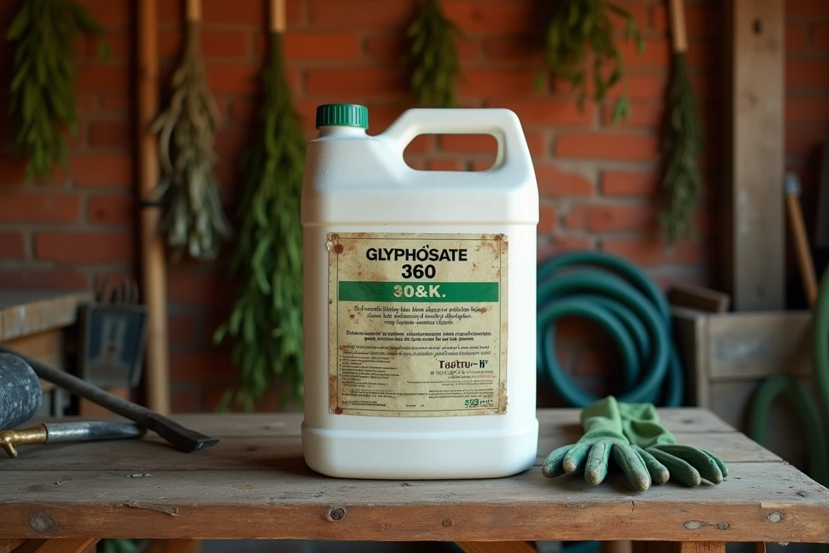 Bidon de glyphosate 360 posé sur un établi en bois dans un hangar agricole portugais avec équipement de jardinage