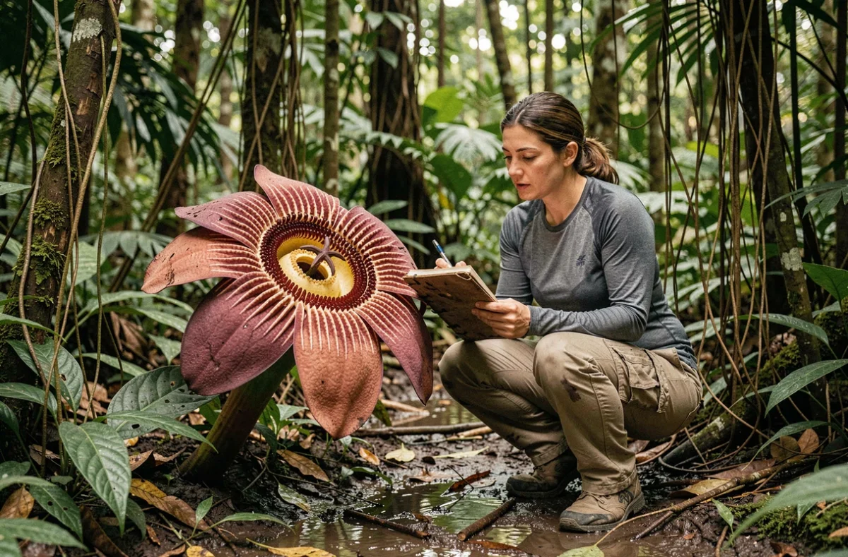 Botaniste étudiant une fleur de Rafflesia en forêt tropicale malaisienne, carnet de terrain à la main, illustrant la recherche scientifique sur les plus grandes fleurs du monde
