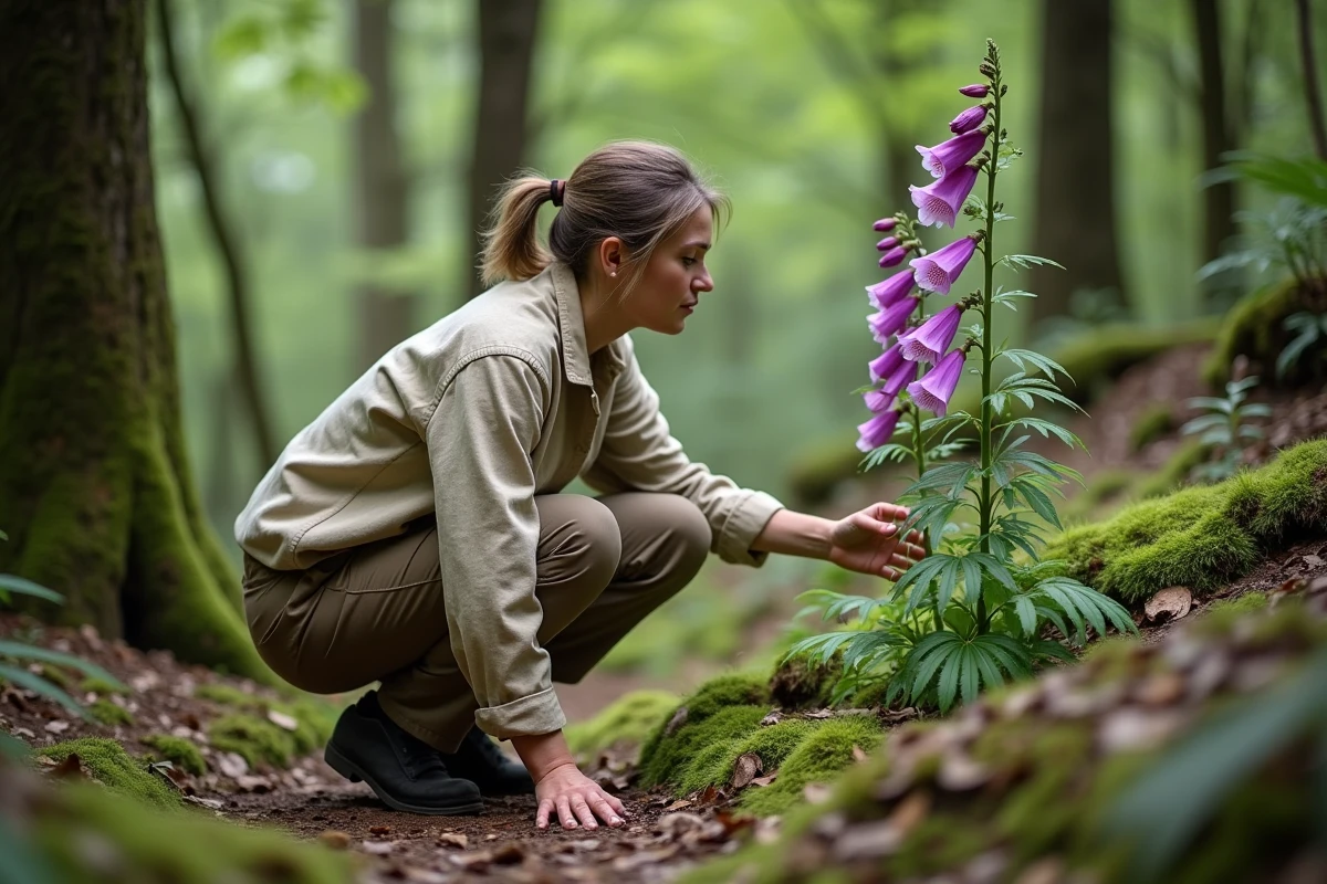 Botaniste observant des fleurs de digitale mauve en forêt de feuillus