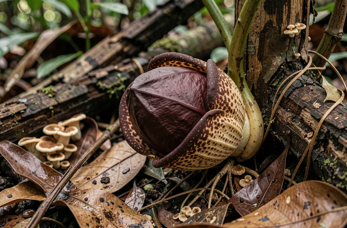 Bourgeon de Rafflesia émergeant d'une racine de vigne hôte à Bornéo, révélant la nature parasitaire totale de cette plante sans feuilles ni chlorophylle