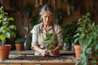 Femme préparant une bouture de chèvrefeuille avec de la poudre d'enracinement sur un établi de jardinage en bois