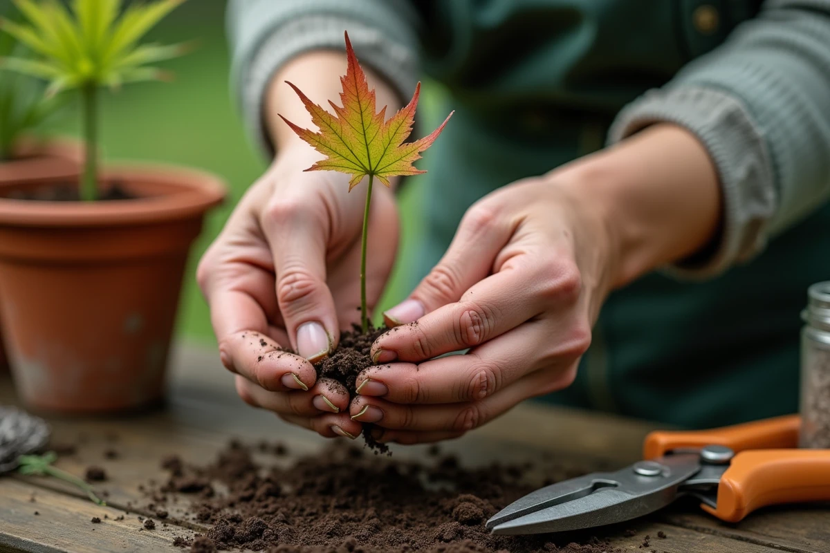 Mains tenant une bouture d'érable du Japon avec feuilles rougeâtres et coupe nette à la base sur un établi de jardin
