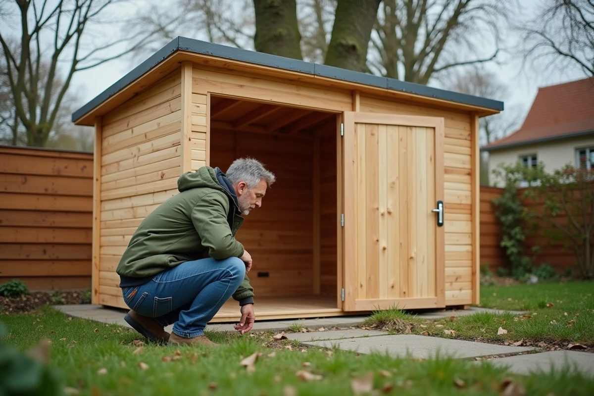 Propriétaire examinant les défauts d'assemblage d'un petit cabanon de jardin en bois acheté chez Action dans son jardin