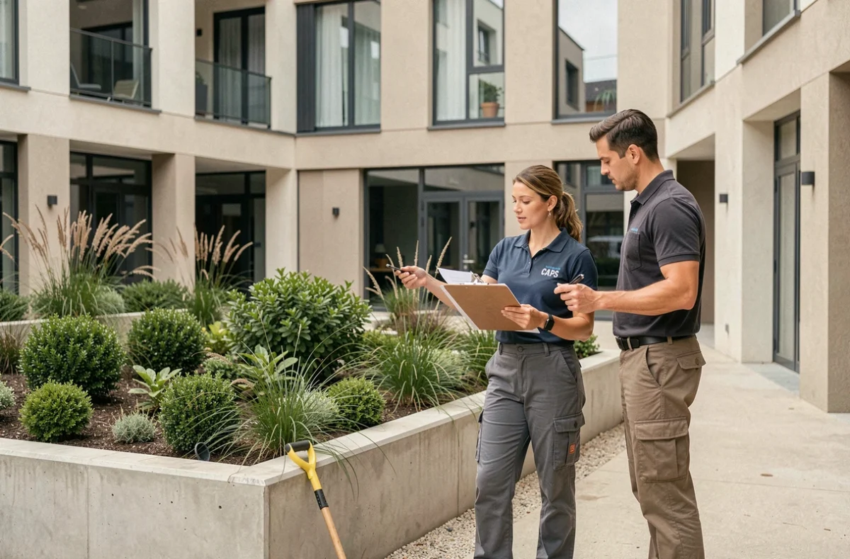 Équipe CAPS aménageant des jardinières végétalisées dans une cour résidentielle parisienne contemporaine