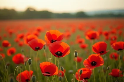 Champ de coquelicots rouges sauvages en pleine floraison dans une prairie estivale, vue en plongée depuis le sol