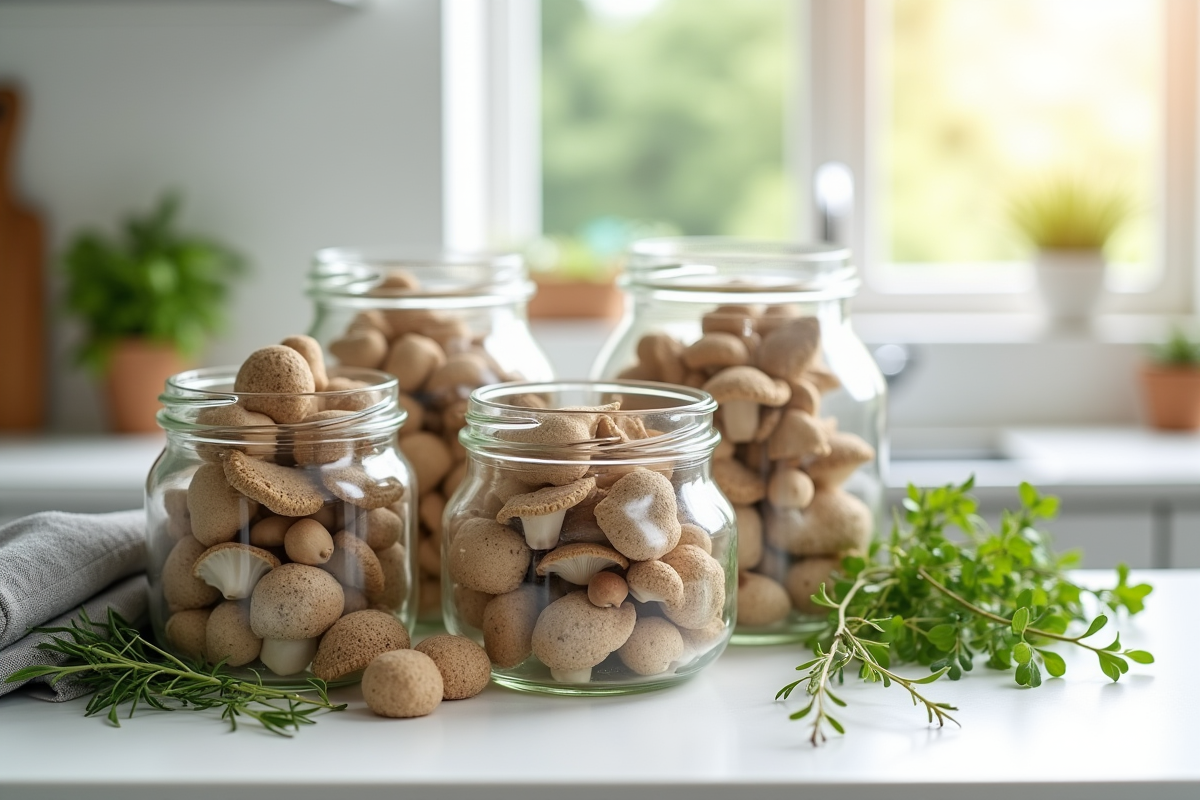 Champignons chanterelles en bocaux hermétiques avec herbes fraîches sur un plan de travail blanc