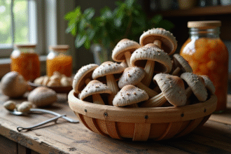 Chanterelles grises fraîchement cueillies dans un panier en bois sur une table rustique