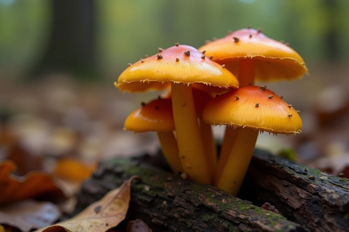Gros plan sur des champignons orange sur bois en forêt