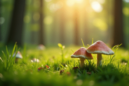 Champignons dans l'herbe verte avec rosée et soleil