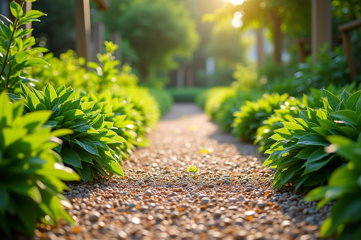 Chemin de jardin avec gravier décoratif et plantes vertes