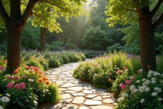 Chemin de jardin en pierre bordé de fleurs vertes et lumineuses
