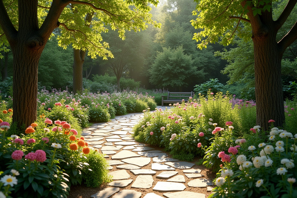 Chemin de jardin en pierre bordé de fleurs vertes et lumineuses