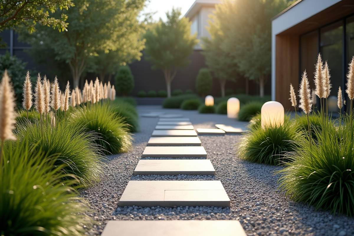 Chemin moderne en gravier avec dalles géométriques dans un jardin minimaliste