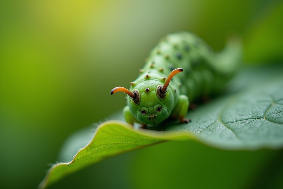 Chenille sphinx sur une feuille verte en plein jour