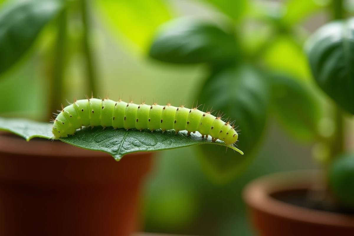 Petite chenille verte sur une feuille de basilic dans un jardin d'herbes aromatiques intérieur