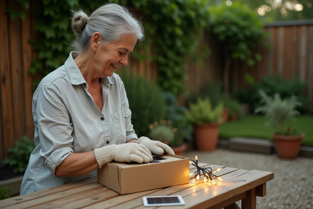 Femme examinant une guirlande lumineuse solaire extérieure lors du déballage dans un jardin verdoyant